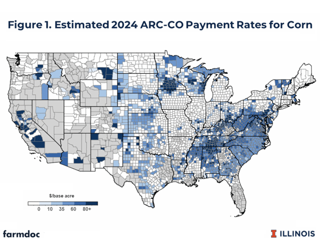 A map showing where Agricultural Risk Coverage-County will payout for corn farmers for the 2024 crop. Counties in white would not receive payments. Overall, corn farmers will receive nearly $1.3 billion in ARC payments. (Map courtesy of University of Illinois Extension)