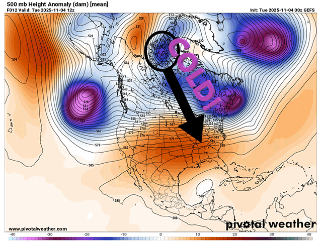 An upper-level trough in far northern Canada will bring a burst of cold, arctic air south into the eastern U.S. this weekend into early next week. (Pivotal Weather graphic)