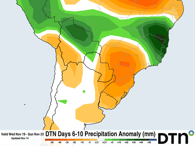 Below-normal rainfall is forecast next week in Argentina and southern Brazil, with increased rainfall in central Brazil. This may be the start of a more persistent pattern to end the calendar year. (DTN graphic)