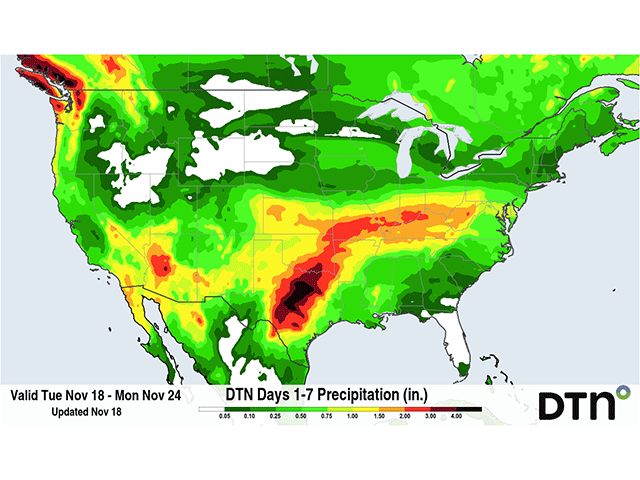 Some areas of heavy precipitation will be possible across major winter wheat areas for the next week. (DTN graphic)