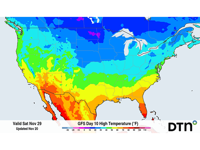 Cold air is forecast to move through much of the U.S. during Thanksgiving week. The cold is forecast to peak around Nov. 29 when high temperatures may not break freezing across the northern half of the country. (DTN graphic)