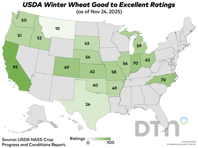 An estimated 48% of winter wheat that had emerged was in good-to-excellent condition, up 3 points from 45% the previous week. (DTN graphic by Kathy Myers)