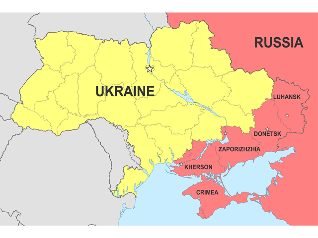Russia continues to occupy about 10% of Ukraine's total territory before the war began. U.S. officials told foreign press in a briefing that protecting Ukraine's grain exports is a key part of the framework being negotiated. (Map courtesy of Wikimedia Commons)