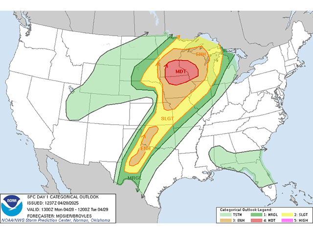 A significant severe weather event was forecast for April 28, 2025. But there were complicating factors. (SPC graphic)