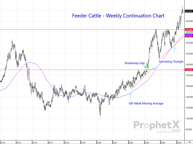 Examining the feeder cattle prices up to the end of May 2025, DTN Contributing Canadian Grains Analyst Mitch Miller looked at the escalation in price, as it continued to be influenced by a smaller beef herd being fed. (DTN ProphetX file chart)