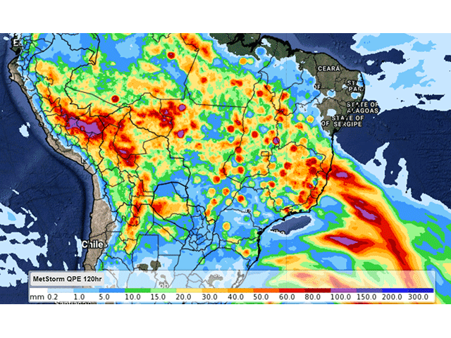Rainfall amounts are finally living up to the forecast in central Brazil. Data in the Dec. 2-4 time frame shows many areas there eclipsing 30 millimeters (1.2 inches). (DTN graphic)
