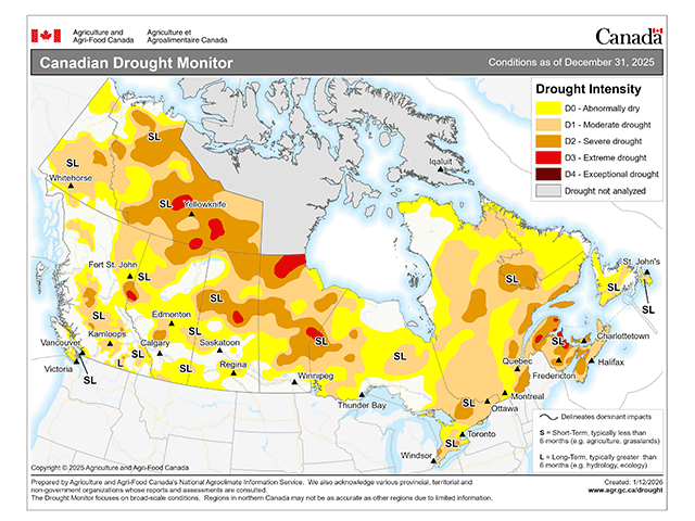 The most recent Canadian Drought Monitor shows pockets of moderate drought across the southern Canadian Prairies with snowpack lacking in these areas (Agriculture and Agri-Food Canada graphic)
