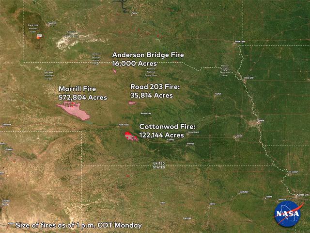 Four fires continue to burn in Nebraska, covering over 700,000 acres as of Monday, March 16. (DTN image by Nick Scalise)