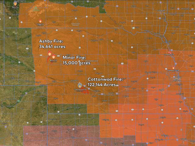 The Ashby and Minor Fires have spread in Grant County, Nebraska. The Cottonwood Fire is 98% contained. The entire state is under a burn ban through April 10. (DTN image by Nick Scalise)