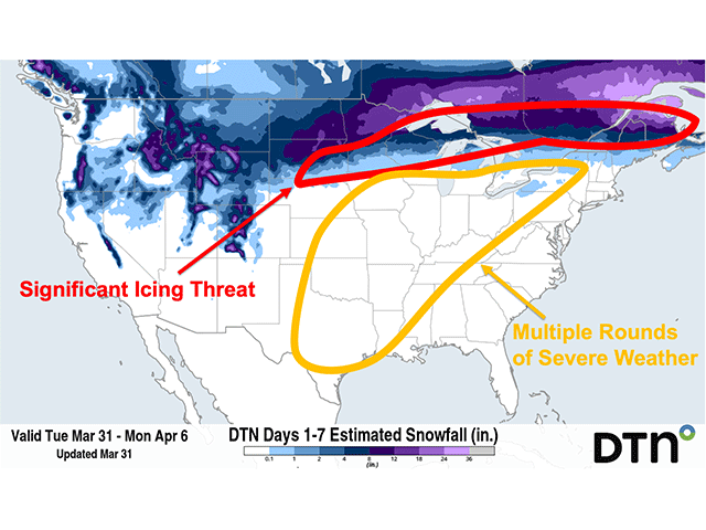 Heavy snow, freezing rain, and rounds of severe weather will be possible across the U.S. through the weekend. (DTN graphic)