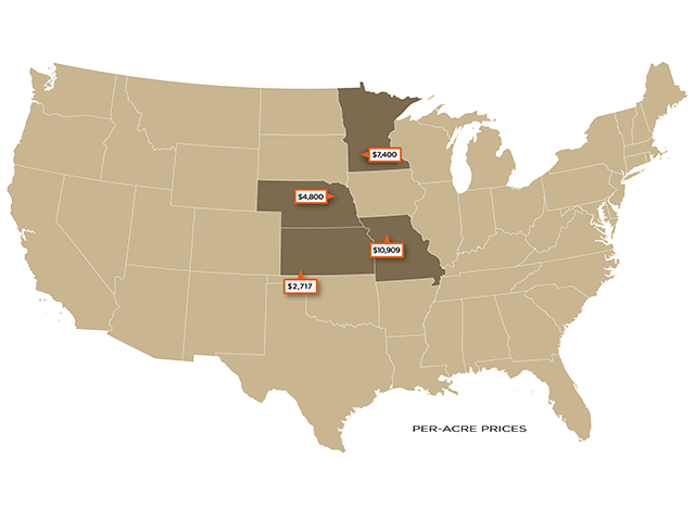 Per-acre prices of recent farmland sales. (DTN graphic)