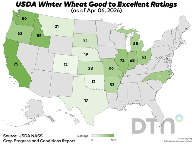 This map shows good-to-excellent condition ratings for the winter wheat crop by state, according to USDA NASS estimates released Monday. (DTN graphic by Kathy Myers)
