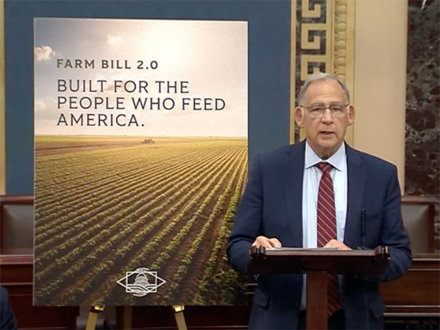 On the floor of the Senate, Chairman John Boozman, R-Ark., gives a speech Tuesday night after releasing the discussion draft of the Senate's farm bill. (Screenshot of Senate proceedings)