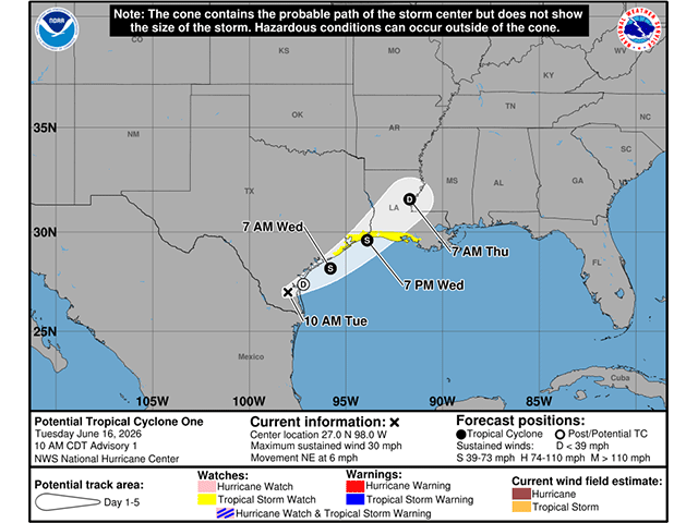 A low-pressure system in south Texas could become the first-named tropical storm for the 2026 Atlantic hurricane season. (NHC graphic)