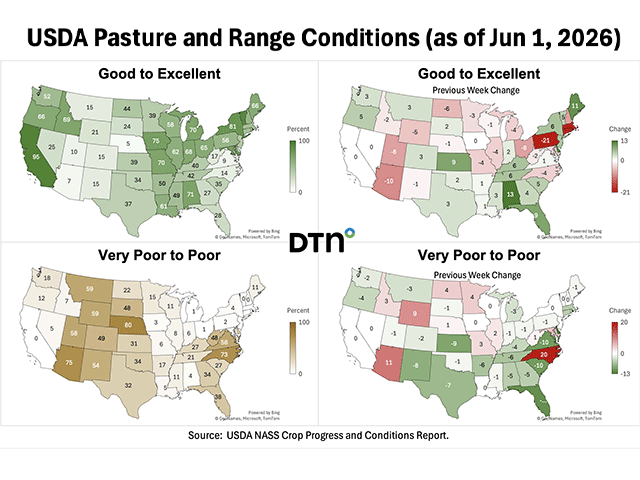 Improvement in pasture and range conditions was seen over some major beef cow states. (DTN graphic by Kathy Myers)