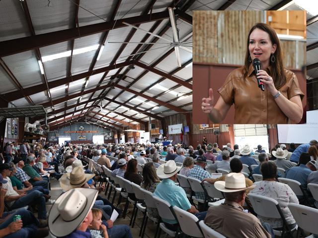 U.S. Secretary of Agriculture Brooke Rollins addressed a packed room during a livestock producer and landowner meeting in Fredericksburg, Texas, on June 17. (DTN photo by Erin Worrell)