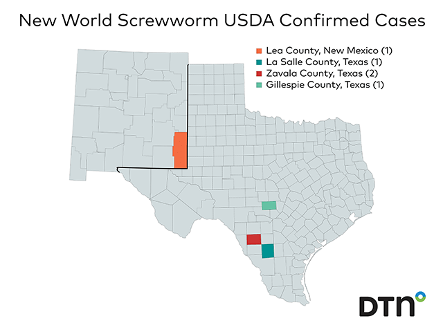 USDA has confirmed five New World screwworm cases in animals in the U.S. as of June 8. (DTN map)