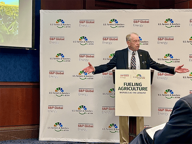 Senator Chuck Grassley, R-Iowa, speaks at the Capitol Hill launch of the "Fueling Agriculture: Biofuels as The Catalyst" report authored by S&P Global and U.S. Farmers & Ranchers in Action. Grassley staunchly supported E15 year-round expansion, other emerging biofuels, while also criticizing oil and soybean associations who stood in the way. (DTN photo by Jake Zajkowski)