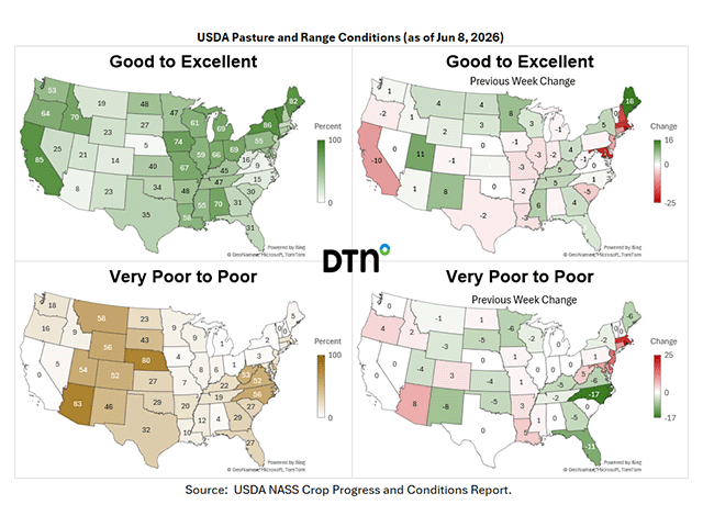 The Plains saw overall improvements to pasture conditions this past week due to timely rains. (DTN maps by Kathy Myers)