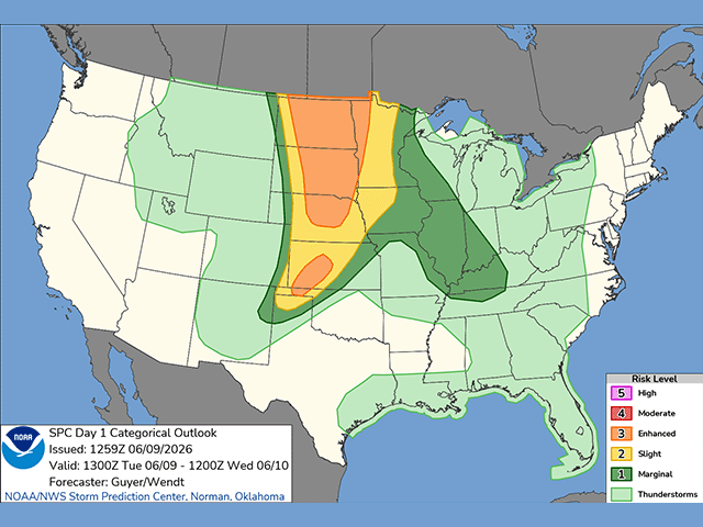 An enhanced risk of severe weather is forecast for June 9. This is the first of many days of significant severe weather threats across the country. (SPC graphic)
