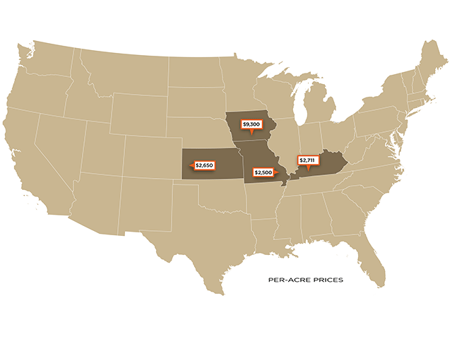 Per-acre prices of recent farmland sales. (DTN graphic)
