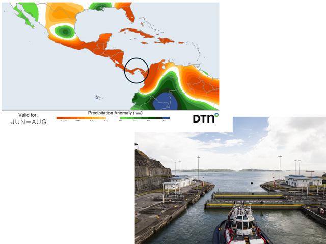 Precipitation forecasts for Central America, including Lake Gatun in Panama, call for below-normal amounts through the rest of this year. (Getty Images photo; DTN graphic)