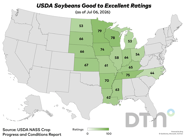 This map shows soybean condition ratings by state, according to USDA NASS estimates released Monday. (DTN graphic by Kathy Myers)
