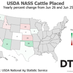 This map shows the change in cattle placements by state from June 2025 to June 2026. Placements in feedlots during June totaled 1.40 million head, 3% below 2025, USDA NASS reported on Friday. (Source: USDA; map by Kathy Myers)