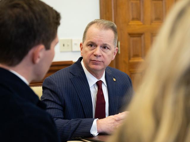Jaye Hamby, director of the National Institute of Food and Agriculture, speaks with the National FFA Officer team. NIFA expects the agency to be "right sized" through the reorganization, but union members say few employees plan to relocate. (Photo courtesy of USDA)