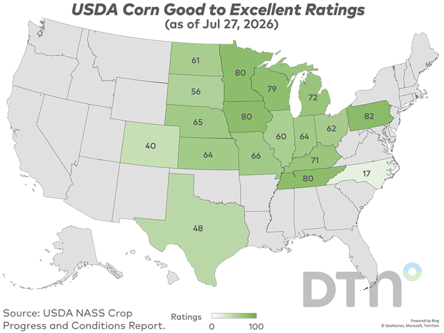 This map shows good-to-excellent condition ratings for corn by state, according to USDA NASS estimates released Monday. Nationwide, the corn crop was rated 63% in good-to-excellent condition, down 4 percentage points from 67% the previous week. (DTN graphic by Kathy Myers)