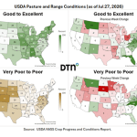Many states saw a decrease in pasture and range conditions during the past week because of hot, dry conditions. (DTN map)