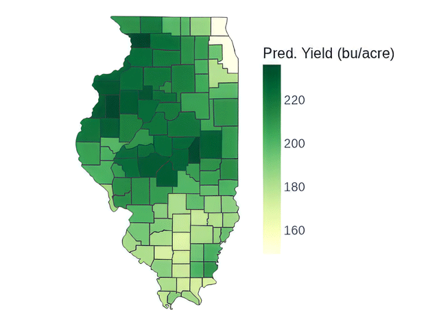 Grundy County in north-central Iowa is forecast to lead the state with an average corn yield of 234.3 bushels per acre (bpa). Decatur County in south-central Iowa is projected to have the lowest county-average yield, at 151.5 bpa. (DTN map by Scott Williams)