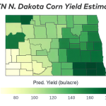 Ransom County in southeastern North Dakota is forecast to lead the state with an average corn yield of 183.0 bushels per acre (bpa). Slope County in the state's southwestern region is projected to have the lowest county average yield at 63.2 bpa. (DTN map by Scott Williams)