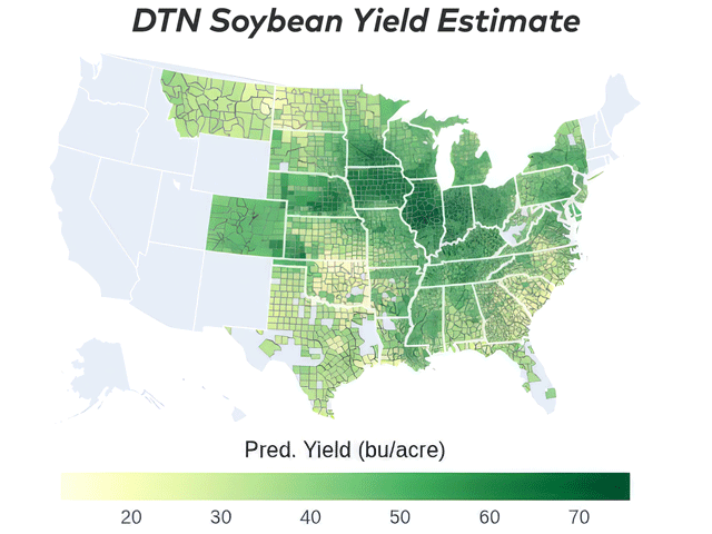 According to DTN's proprietary yield models as of Aug. 1, the national average soybean yield is projected at 52.1 bushels per acre. (DTN map by Scott Williams)