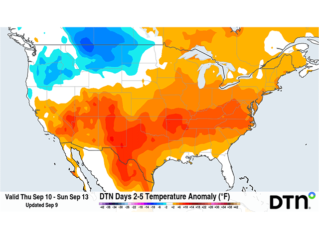 Below-normal temperatures are forecast to move into the Canadian Prairies and Northern Plains this weekend, making it feel like fall in those regions. (DTN graphic)