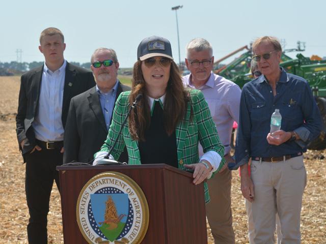 Secretary of Agriculture Brooke Rollins talks about USDA's plan to modernize crop reports with more technology, such as data from NASA and other satellite images, as well as precision-agriculture tools. USDA officials held several events with farmers over the past month to discuss plans to change data collection and surveys for crop reports. (DTN photo by Chris Clayton)